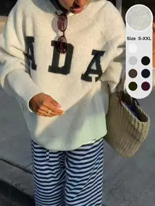 Women's Round-Neck Loose-Fit Fashion Letter-Print Long-Sleeve Sweater, Vintage Casual Knit Top, Elegant and Comfortable, Knitwear
