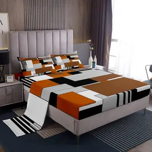 Feelyou Geometric Pattern Bedding Set - Orange Gray Black Abstract Design, Breathable Durable Microfiber Sheets, Soft Breathable Deep Pocket Fitted Sheet, Decorative Square Rectangle Bedsheet Set, Breathable Durable Sheets
