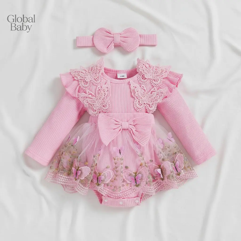 Global Baby  Baby Girl  Outfit Floral Embroidery Tulle Long Sleeve Round Neck Romper Dress Bow Headband 2 Piece Set Newborn Girl Outfit, Long Sleeve Crew Neck Embroidery Butterfly A-line