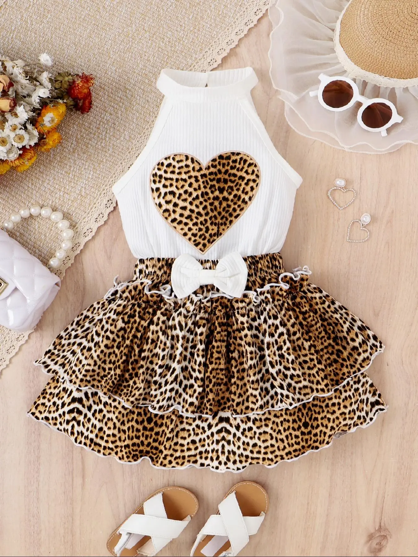 Two-Piece Set Toddler Girl's Colorblock Leopard Heart Print Tank Top & Cute Bow Decor Skirt Set, Top & Tiered Layer Elastic Waist Skirt, Fashion Casua