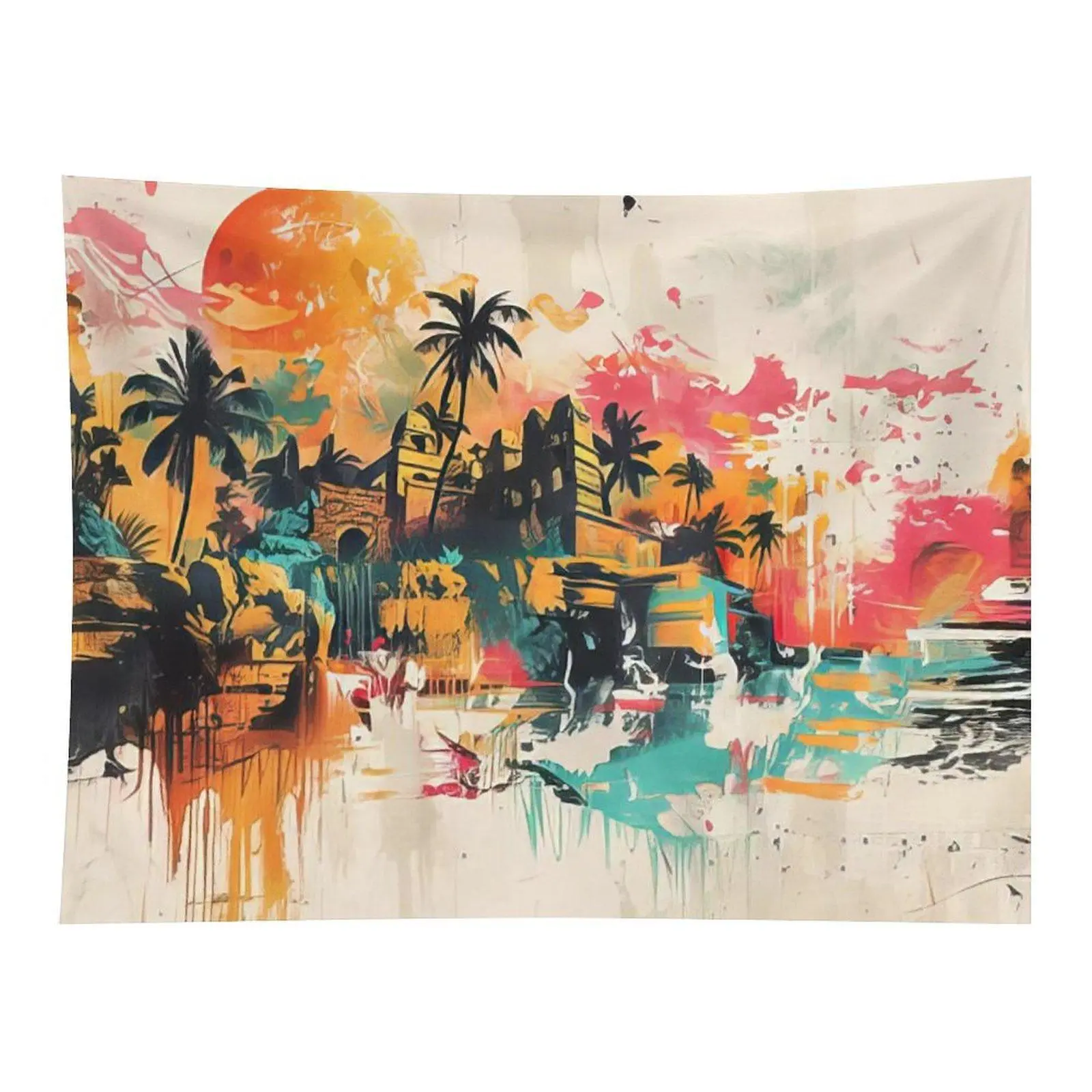 Abstract Tropical Coastal City Wall Tapestry Palm Tree Sunset Graffiti Style Art for Living Room Bedroom Dorm Modern Bohemian Home Wall Decor
