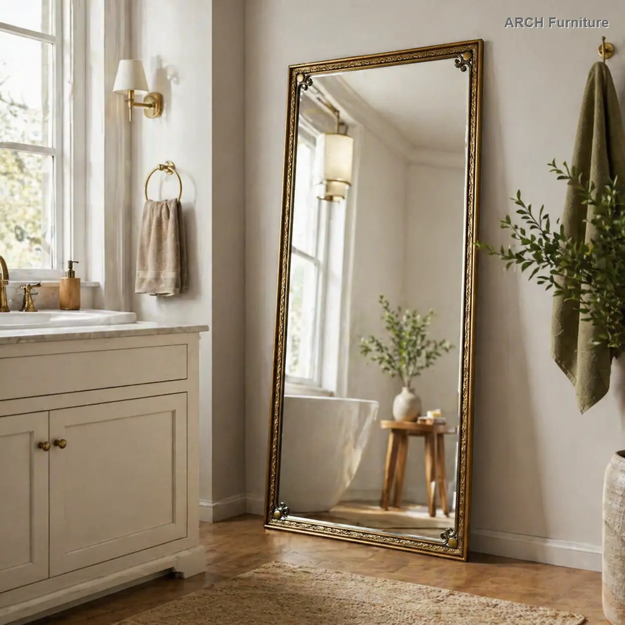 Antique Gold Arched Full-Length Explosion-Safe Glass Mirror, Decorative Vanity Mirror with Metal Cast Iron Stand, 70.1"x31.9" Vintage Home Supply - Easy Installation, Wall Hanging/Leaning Option for Bedroom, Arched Mirror