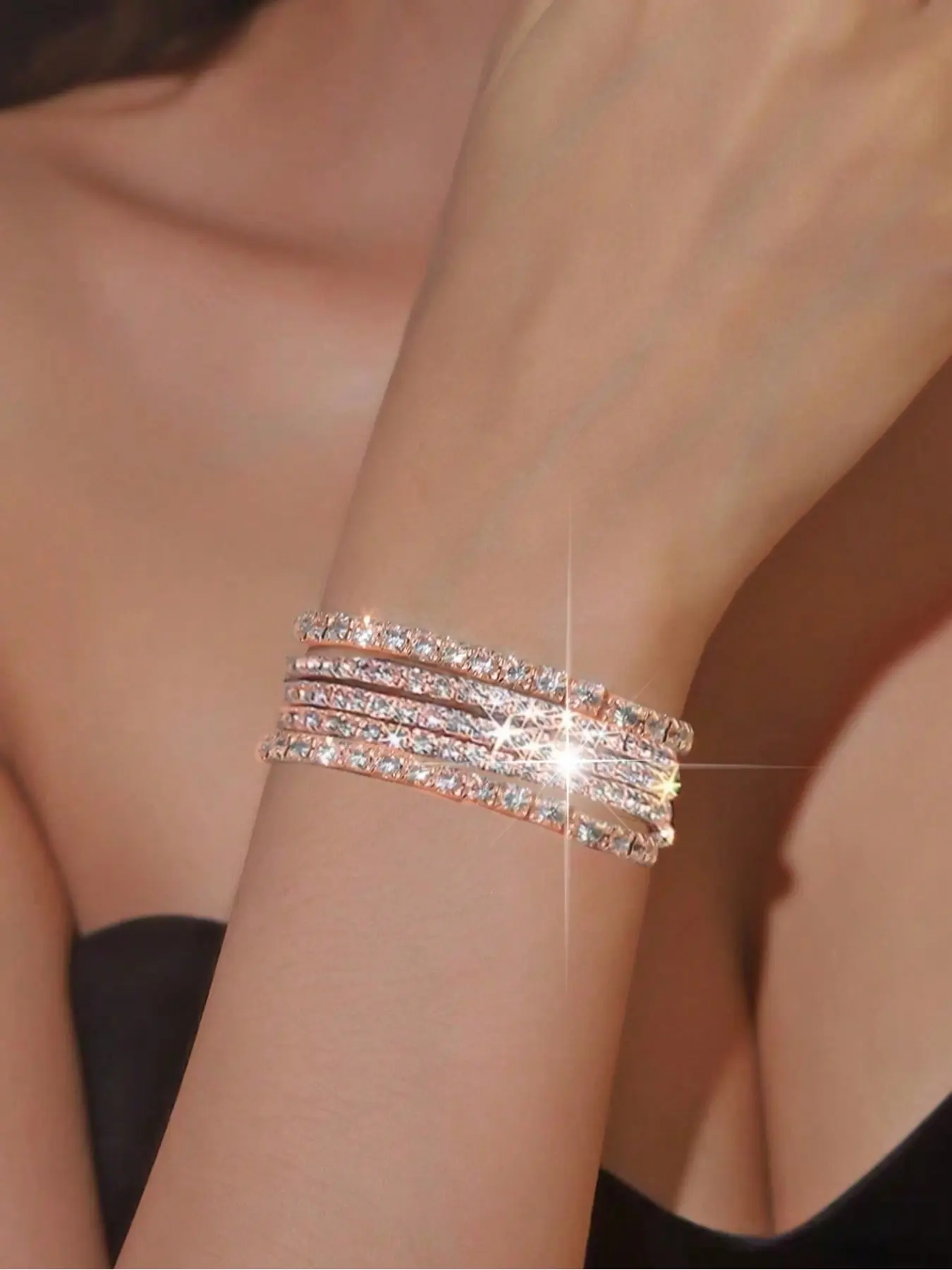 5-piece sparkling fashionable rhinestone elastic bracelet set, exquisitely designed party style bracelet set bracelet accessories, suitable for ladies' exquisite bracelet multi piece set