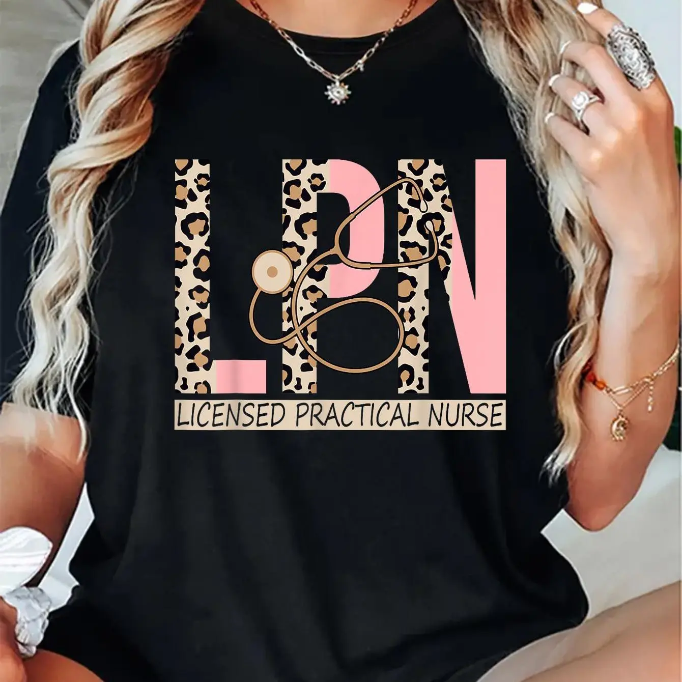 Men's LPN Graphic Tops, Casual Fitted Shortsleeve T-Shirt, Lightweight Leopard Nurse Garment for All Seasons, Standard, Do Not Tumble Dry