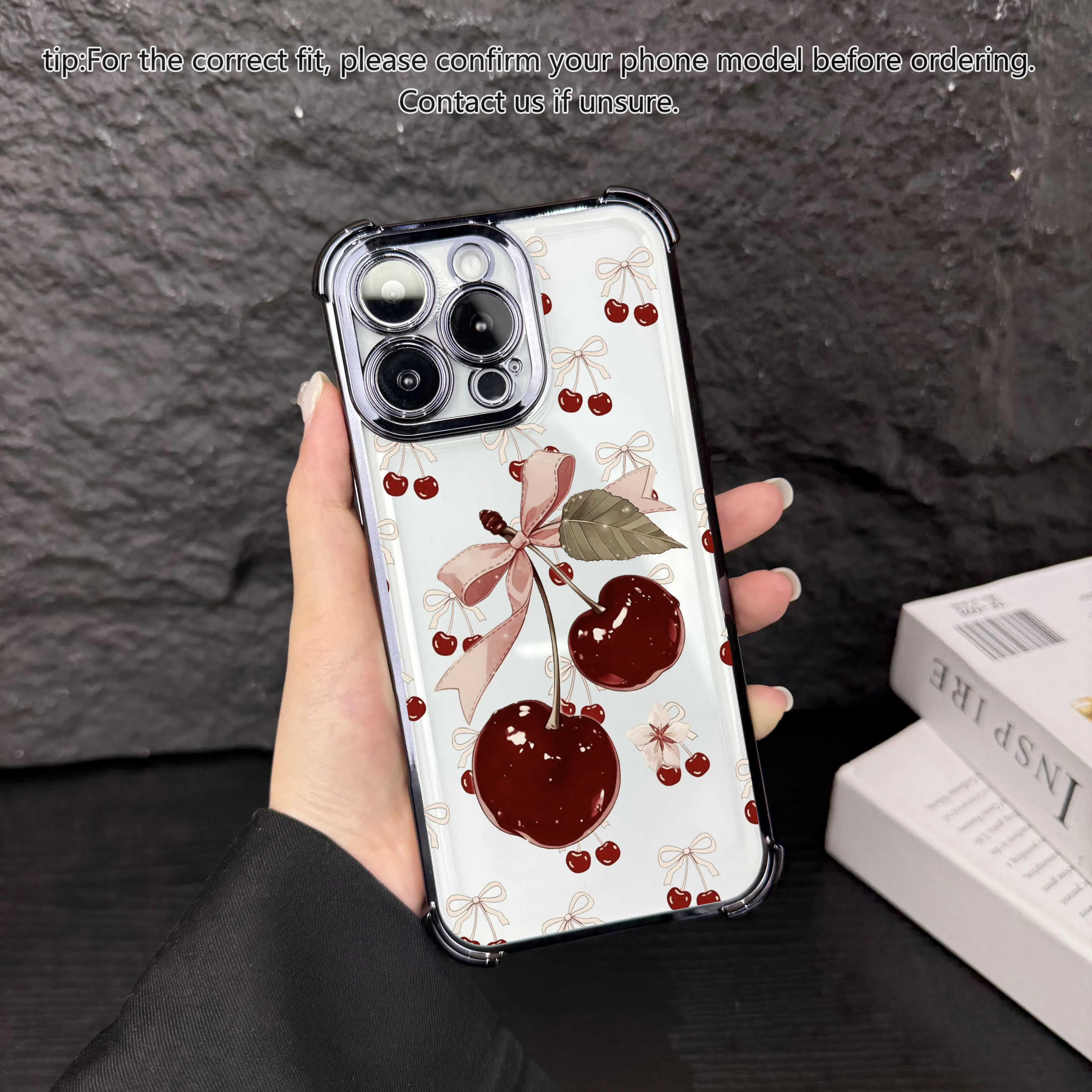 Cute cherry patterned electroplated transparent phone case with four corner airbags to prevent falls, suitable for iPhone 17Pro Max Air 16 15Plus 14 13 12 11 XR XS Samsung Galaxy S26 Ultra S25 Ultra S24 S22 phone case-A186
