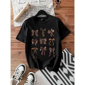 SHEIN EZwear Leopard Bow Decor Casual Minimalist Print Round Neck Short Sleeve Fitted Plus Size Women T-Shirt, Suitable For Summer