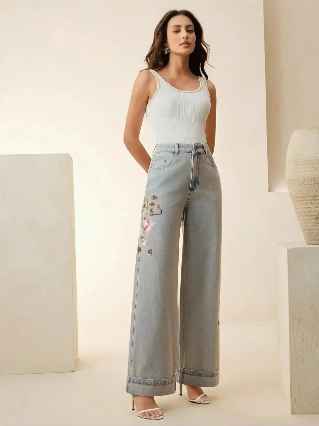 Women's New Elastic Stretchy Embroidered Floral Handmade Creative Jeans Pants, Trendy Fashion Versatile Denim Light Wash, Fitted All Seasons Casual Wear streetwear polished regular fit