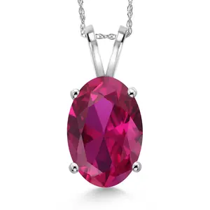 14K White Gold 14X10MM Oval Gemstone Birthstone Pendant Necklace for Women | Gold Necklace For Women | With 18 Inch Rope Gold Chain | Fine Jewelry Gift for Her Mom Wife