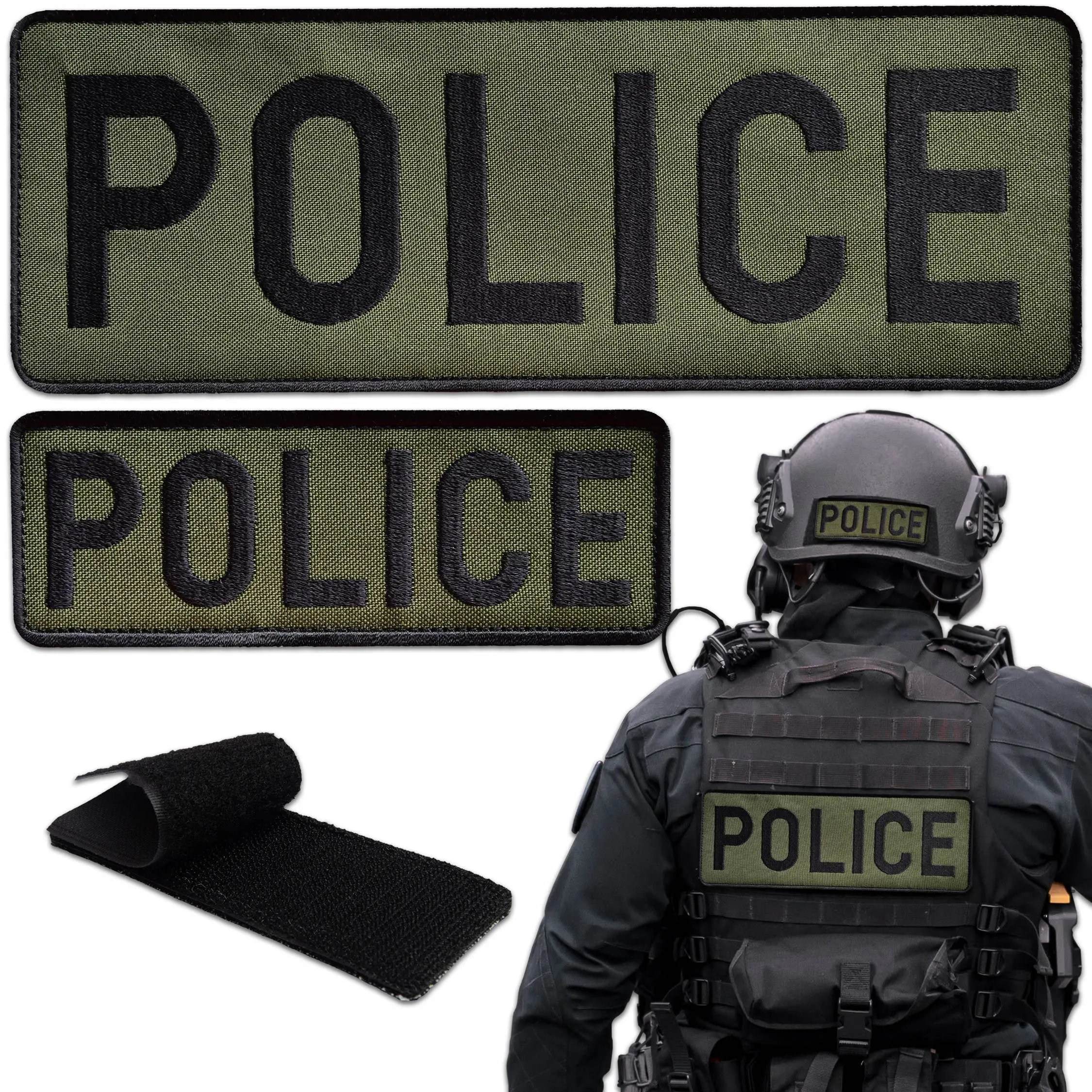 2Pcs Police Patch Set, Embroidered Olive Drab Tactical Patches with Hook Backing for Vest Carriers, Jackets, Hats, Backpacks, Service Dog Harnesses — Large & Small Sizes