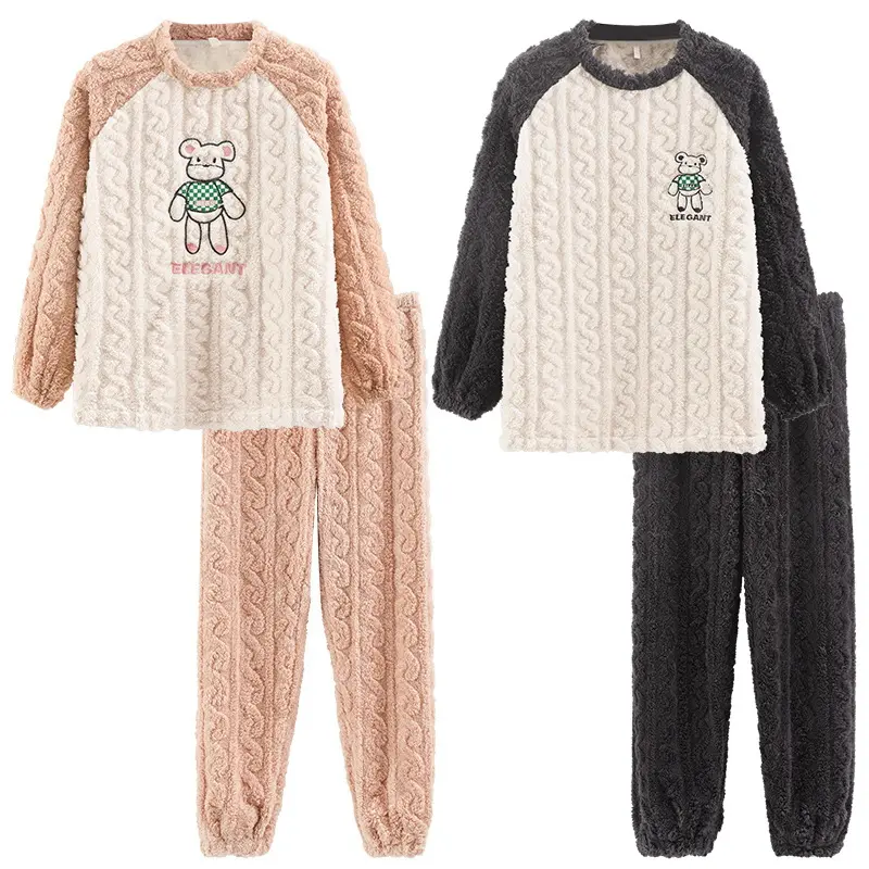 Cute Matching Couples Pajama Set in Thick Coral Fleece, 2-Piece Warm Winter Loungewear with Round Neck Longsleeve Tops and Pants, Style, Baggy, Fabric, Oversized, Adjustable, Fit