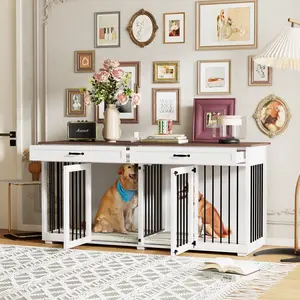 FUFU&GAGA Large Funiture Style Dog Crate For 2 Large Medium Dogs With Trays & Drawers, 72.5" Wooden Heavy Duty Double Rooms Dog Kennel Furniture