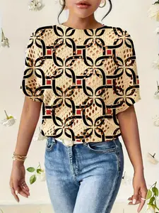 Women's Geometric Print Round Neck Sweater, Casual Batwing Sleeve Knitwear for Fall Winter, Comfortable Warm Daily Wear, Fitted