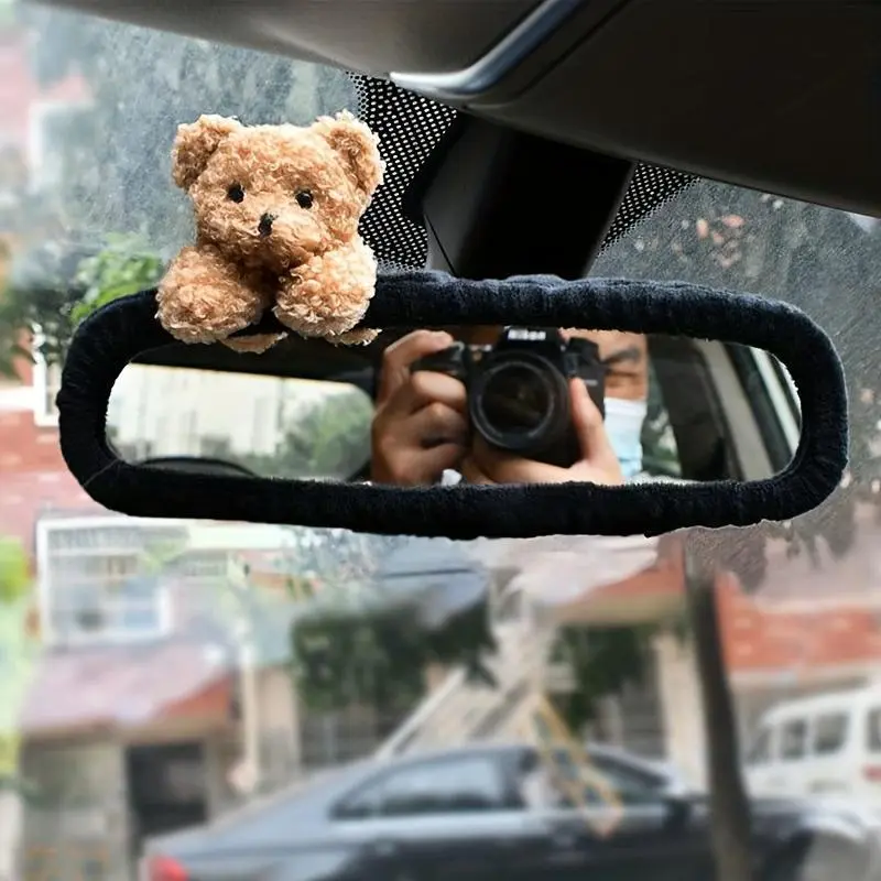 Cute Cartoon Bear Design Elastic Car Rearview Mirror Cover, Car Interior Decoration Accessories, Aesthetic Car Accessory