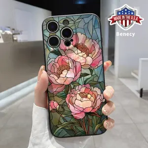 Phone Case for iPhone 16 15 14 Pro Max 13 12 11 XR XS Plus E Peony Stained - Glass Reverie Pattern Liquid Silicone Full Lens Protector Pocket-Friendly Softcase Gift