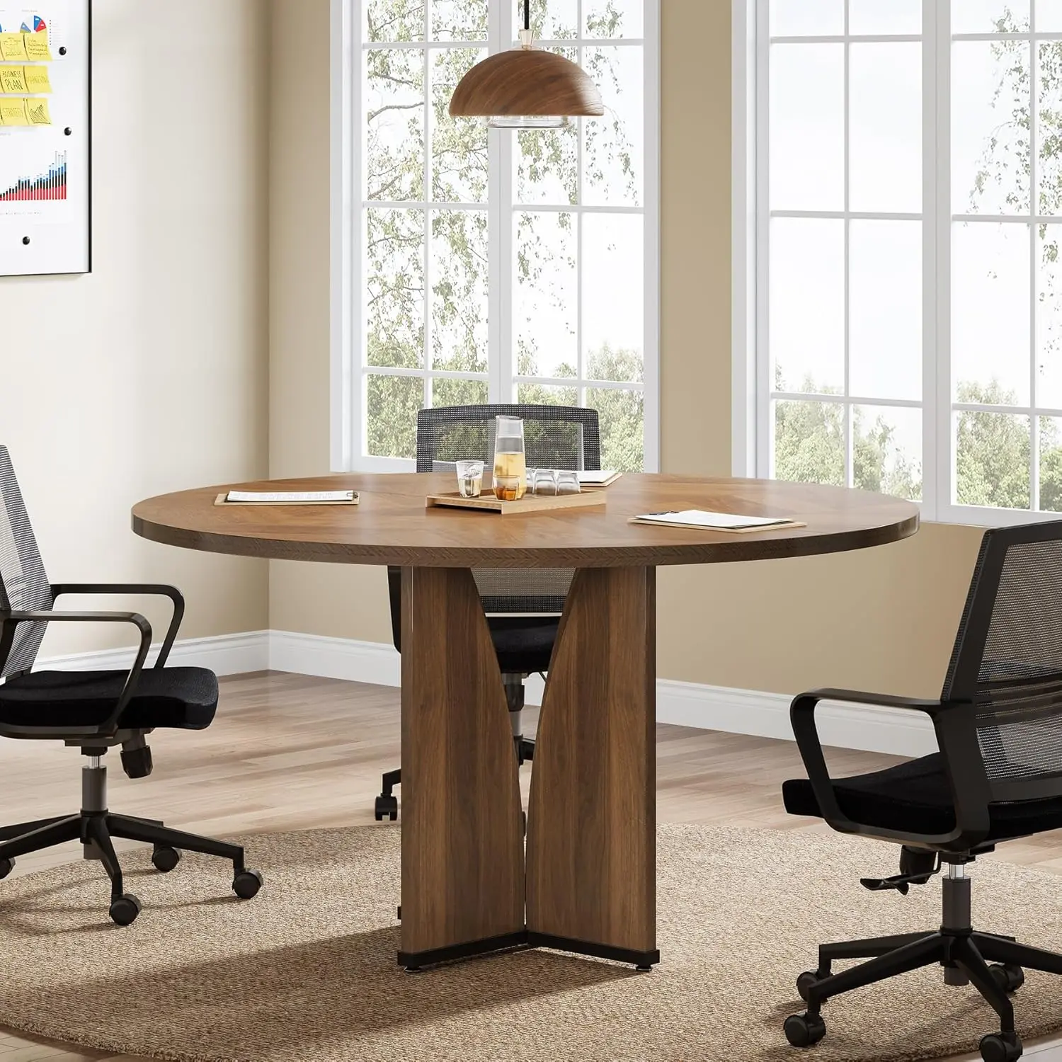 LITTLE TREE 39" Round Conference Table for 4, Modern Round Meeting Table with Sturdy Base, Small Compact Conference Room Tables for Office, Training, or Negotiation (Brown)