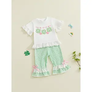 Baby Girls Irish Festival 2 Piece Outfits Shamrock Embroidery Short Sleeve Crew Neck Tops and Elastic Waist Flared Pants Set