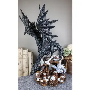 Ebros Large Dark Dragon with Frozen Ice White Baby Hatchling Statue 18.5" Tall