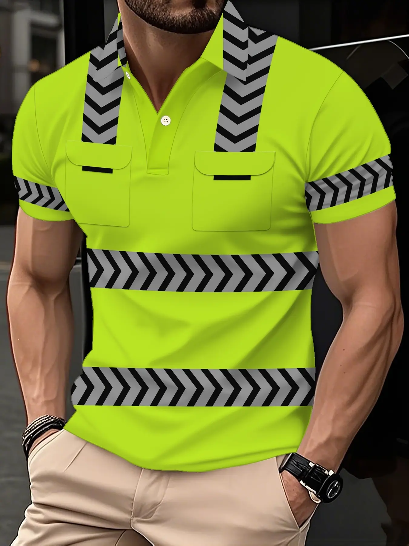 Men's casual sports short-sleeved shirt, striped athletic, Casual sports tops, Casual sportswear, workwear-style pattern, breathable regular fit, polyester, machine washable, not dry clean, suitable for daily and sporty outfits