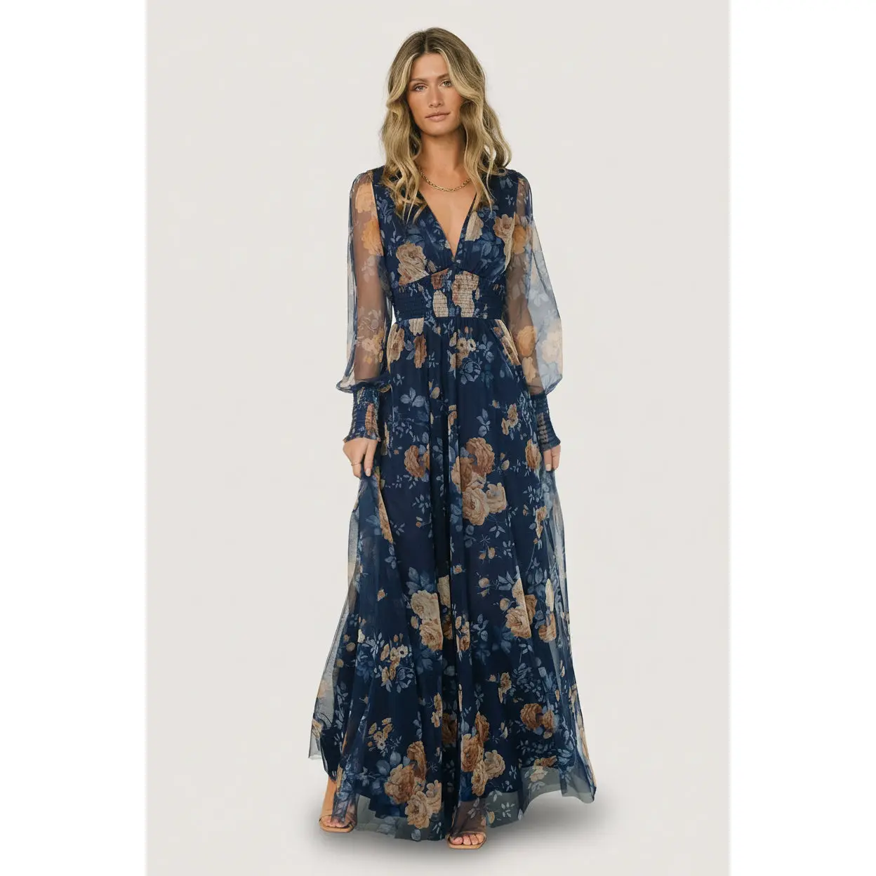 Women's Maternity Layla Tulle Maxi Dress - Blue, Golden Floral, Lightweight, Formal, Elegant