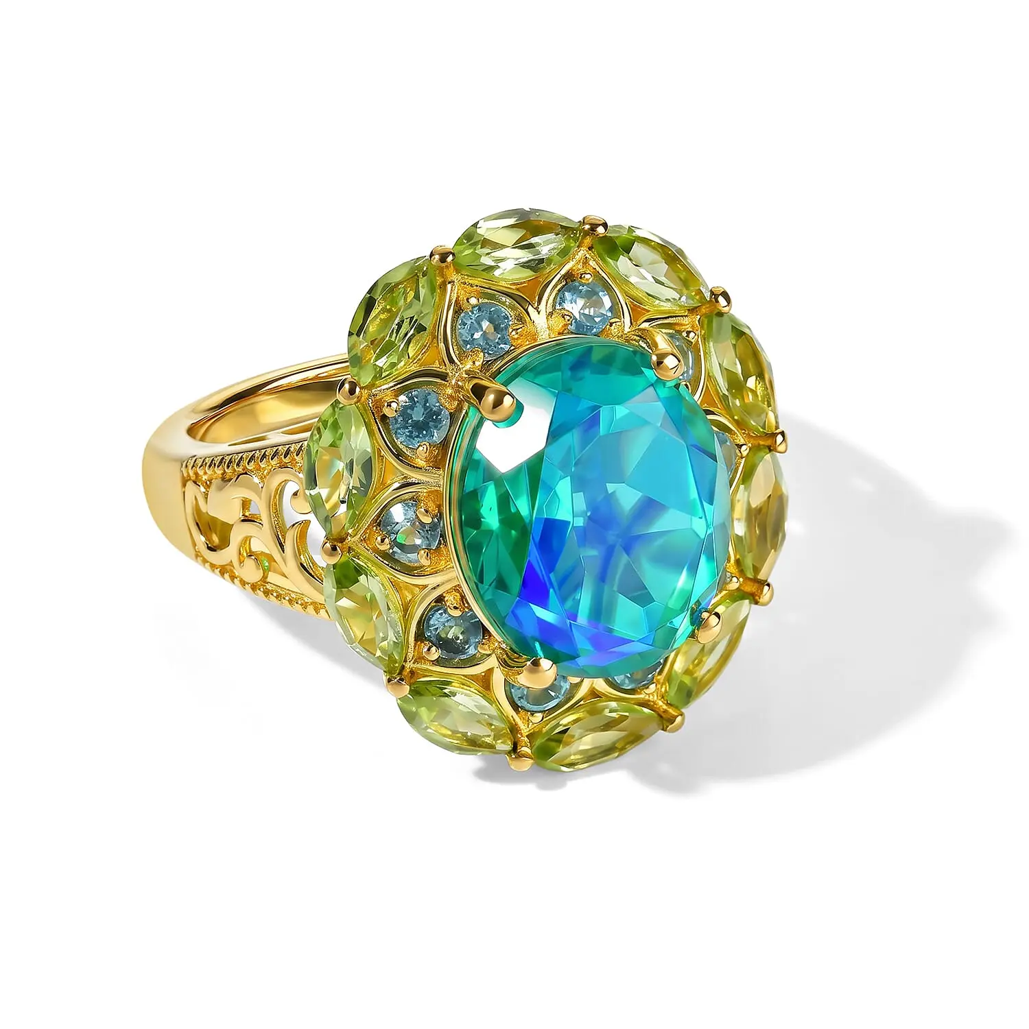 EverTrue Peacock Quartz, Multi Gemstone Royal Peacock Petal Ring in 18K YG Plated (Size 10.0) 7.00 ctw