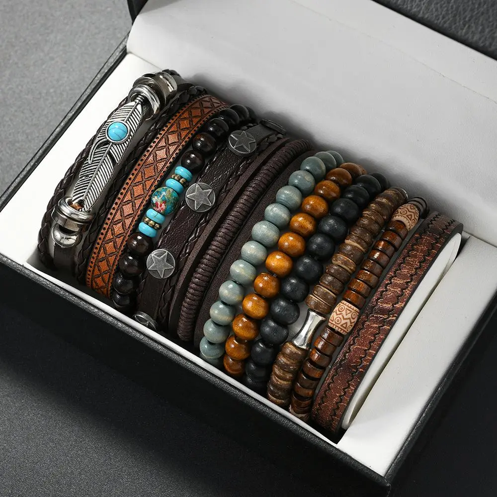 11pcs Turquoise Synthetic Cubic Synthetic Stone Bracelet Set, Wooden Ring and Chain Gift for Him, Perfect for Daily Wear, Parties, and Special Occasions, Party Accessories | Vintage Style Bracelets | Synthetic Stone Bracelets, Bracelet Accessories