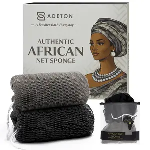 Authentic African Net Sponge, 2-Pack | Knotted Exfoliating Shower Sponge for Soft, Smooth, Glowing Skin (Black & Gray)