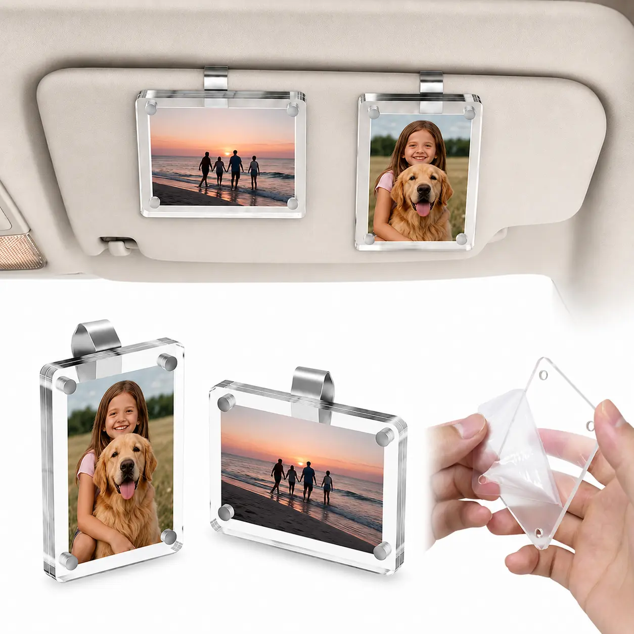 [2PCS] -Romantic Car Sunshade Photo Clip - Universal Fit Sun Visor Holder for Memorial Pet/Family/Kids, Aesthetic Acrylic Snap Frame for 2.36"x3.5" Photos, DIY Customizable Couples Gifts, Perfect for Polaroid Go and Instax Mini