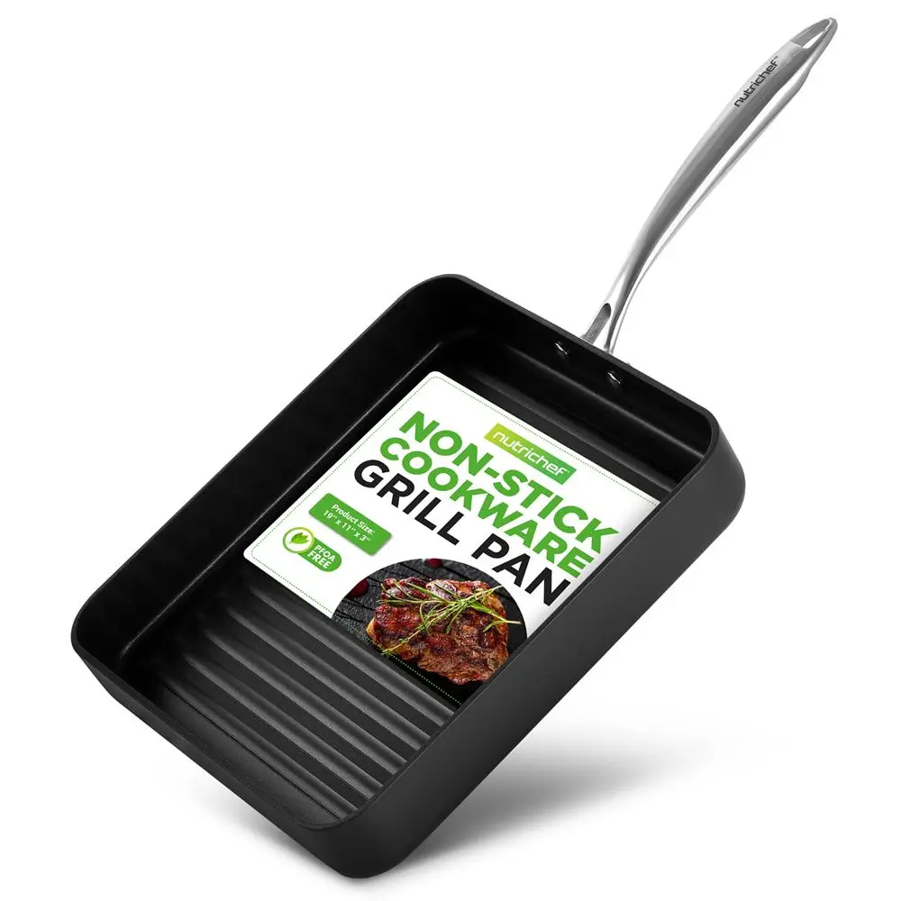11" Nonstick Grill Pan - Hard-Anodized Aluminum Grill Skillet for Perfect Searing - Gas, Ceramic, Glass Compatible Cooktops - Home Kitchen Essentials