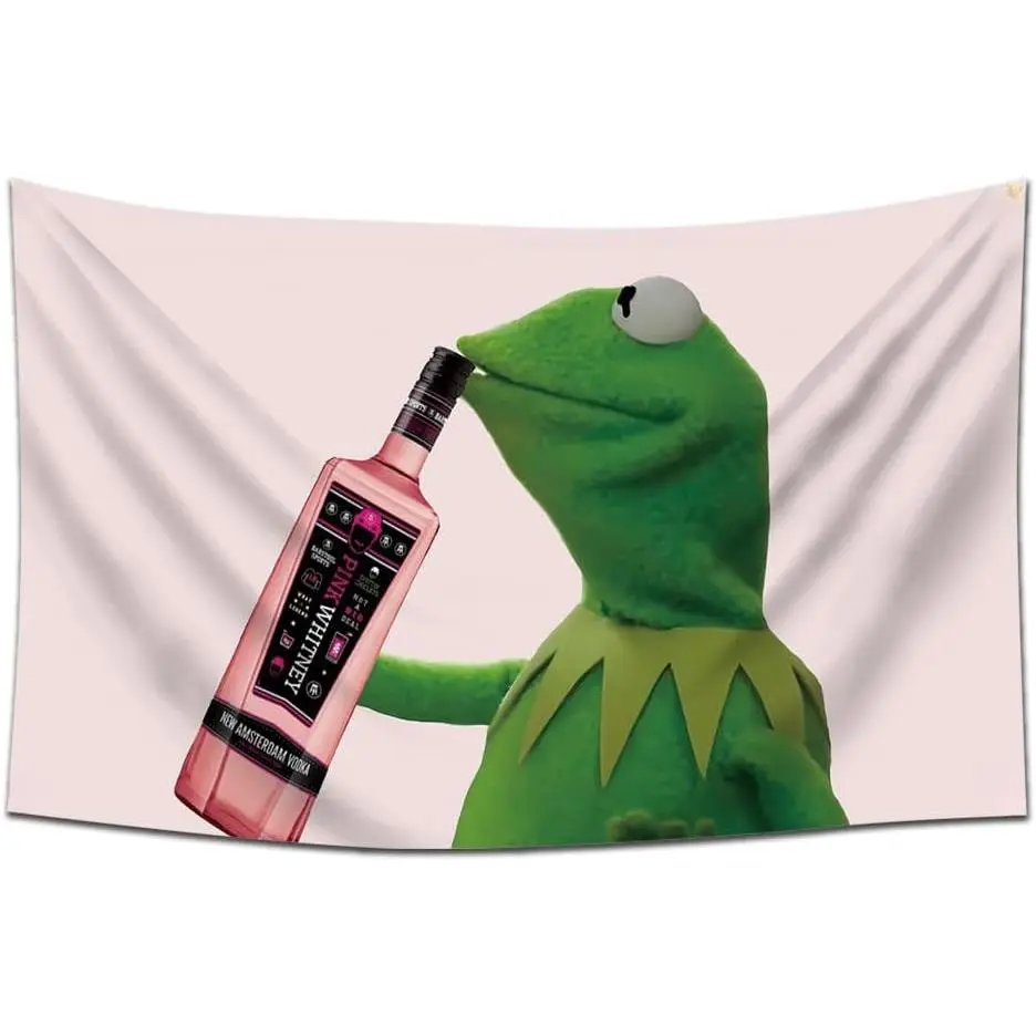 Kermit Sipping Pink Whitney Polyester Tapestry Wall Hanging - 60x40in Lightweight Banner, Indoors Decoration for College Dorm Rooms, Home & Festive Party Backdrop Supply