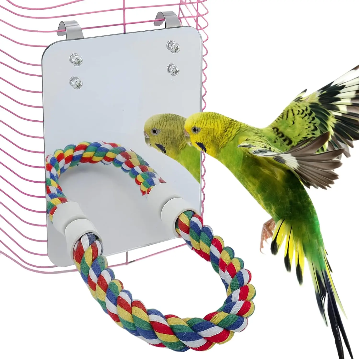Bird Mirror for Cage with Parrot Rope Perches for Parakeet/Budgerigar/Lovebird/Canaries Stand
