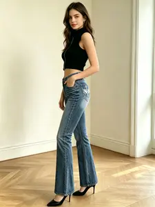 Women's Mid-Rise Bootcut Jeans - Simple Stitches Detail, Cross-Wings Embellished Denim, Womenswear Bottoms