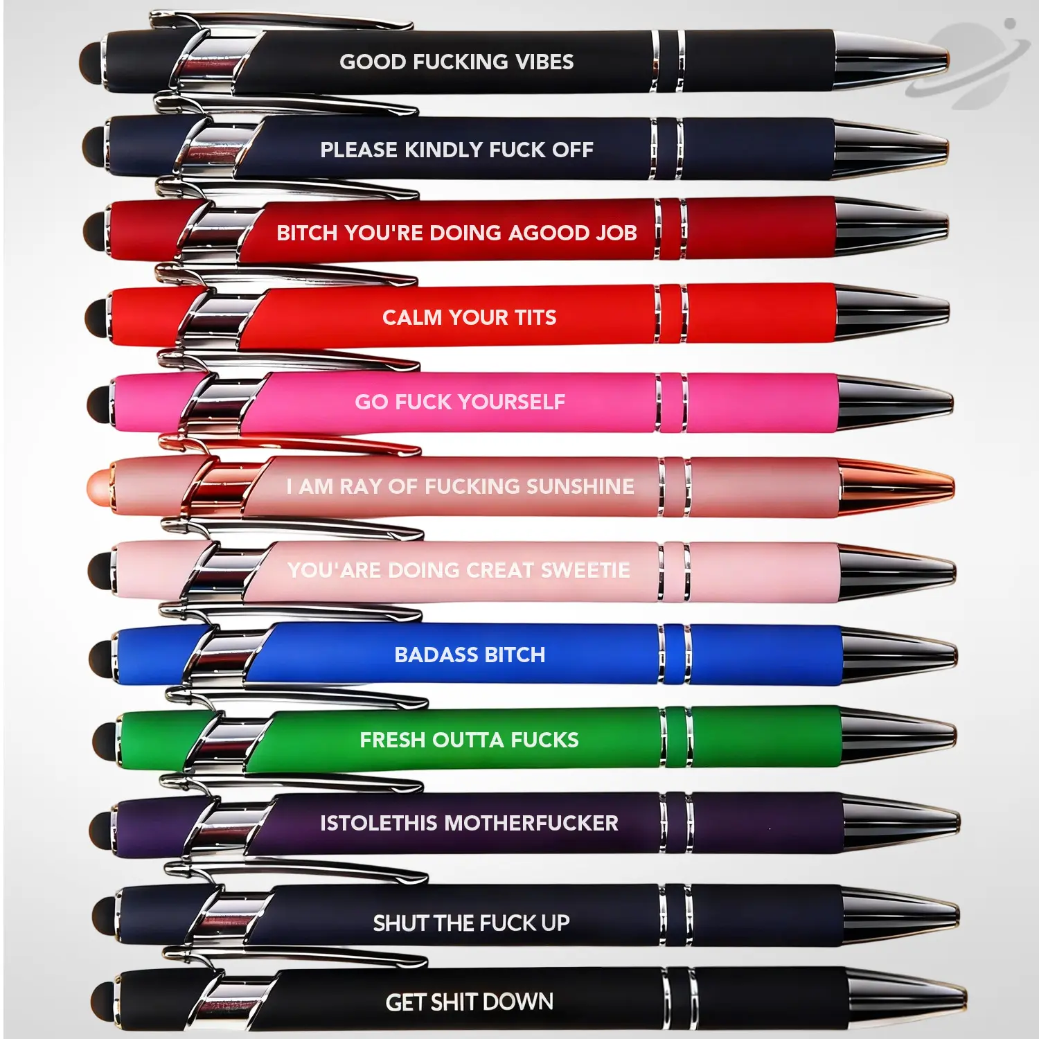 12-Pack NSFW Quote Metal Ballpoint Pen Kit, Retractable Refillable with Black Ink & Capacitive Tip, for Phone, Tablet & Office, Humor Gift Set with Assorted-Mixed Colors & Pen Pouch (All Seasons Use)