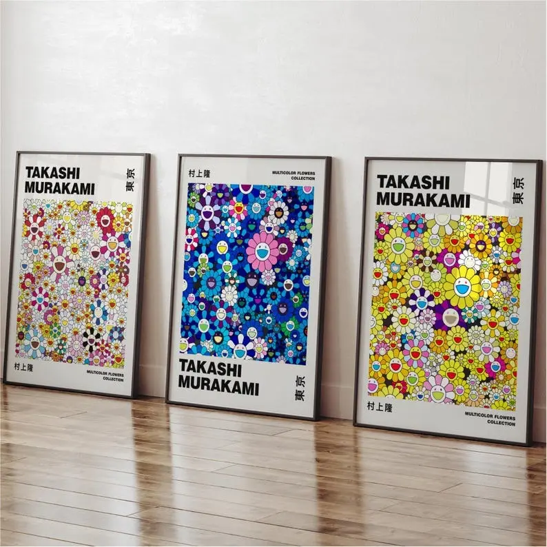 Takashi Murakami Print Set of 3 – Colorful Flower Pattern Posters – Japanese Pop Art Wall Decor Bundle Exhibition Style