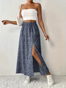 Women's mid length Bohemian floral print high waisted summer dress, vacation oriented fashionable casual floral print split skirt