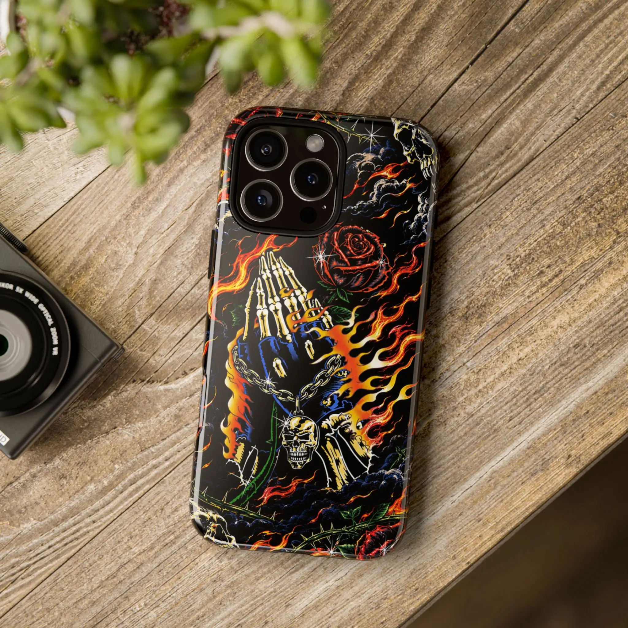 Flaming Skeleton Prayer Rose Gothic Phone Case | Dark Horror Art Protective Cover for iPhone 17 16 15 Pro Max 14 Plus 13 12 11