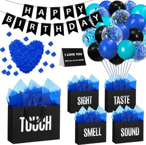 5 Senses Gift Bags for Him Her with Labels, Five Senses Gift Birthday Party Decoration Tissue Paper Handles, Comes with Rose Petals Banner Balloons for Party(Birthday,Blue Black)