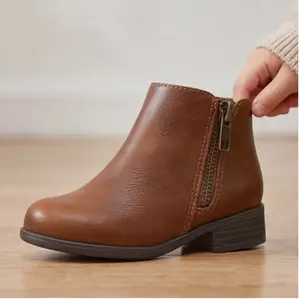 SHOESLOCKER Kids Girls Boys Faux Leather Ankle  with Side Zipper, Low Block Heel Non-Slip Sole, Comfortable School Daily Wear  all-day comfort LED Light-Up Sneakers for winter snow high-top fuzzy Winterboots