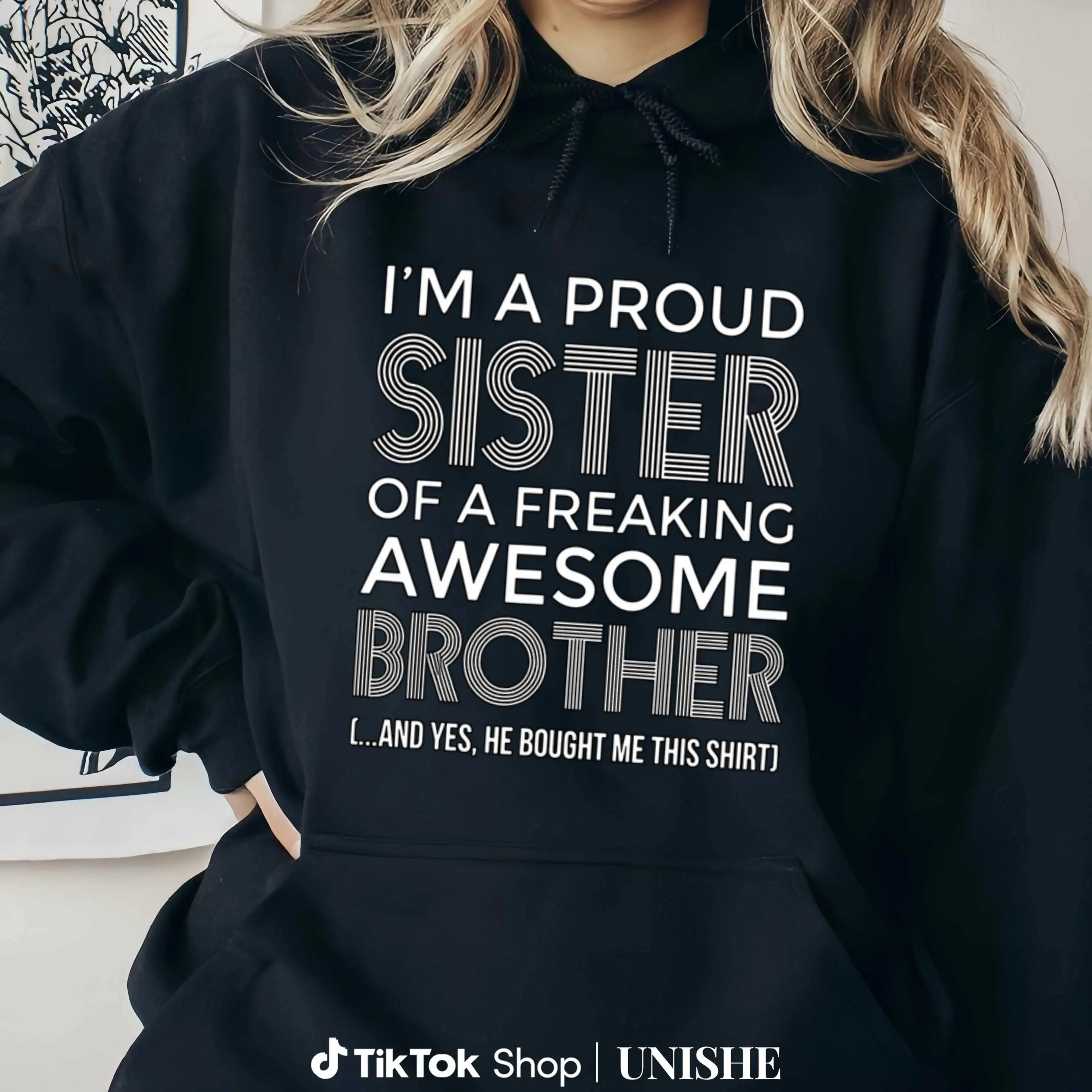 Proud Sister Awesome Brother Graphic Hoodie Vintage Family Sweatshirt Funny Sibling Gift Unisex Pullover Crewneck Casual Streetwear Cozy Everyday Wear Gift for Brothers Sisters Women Men