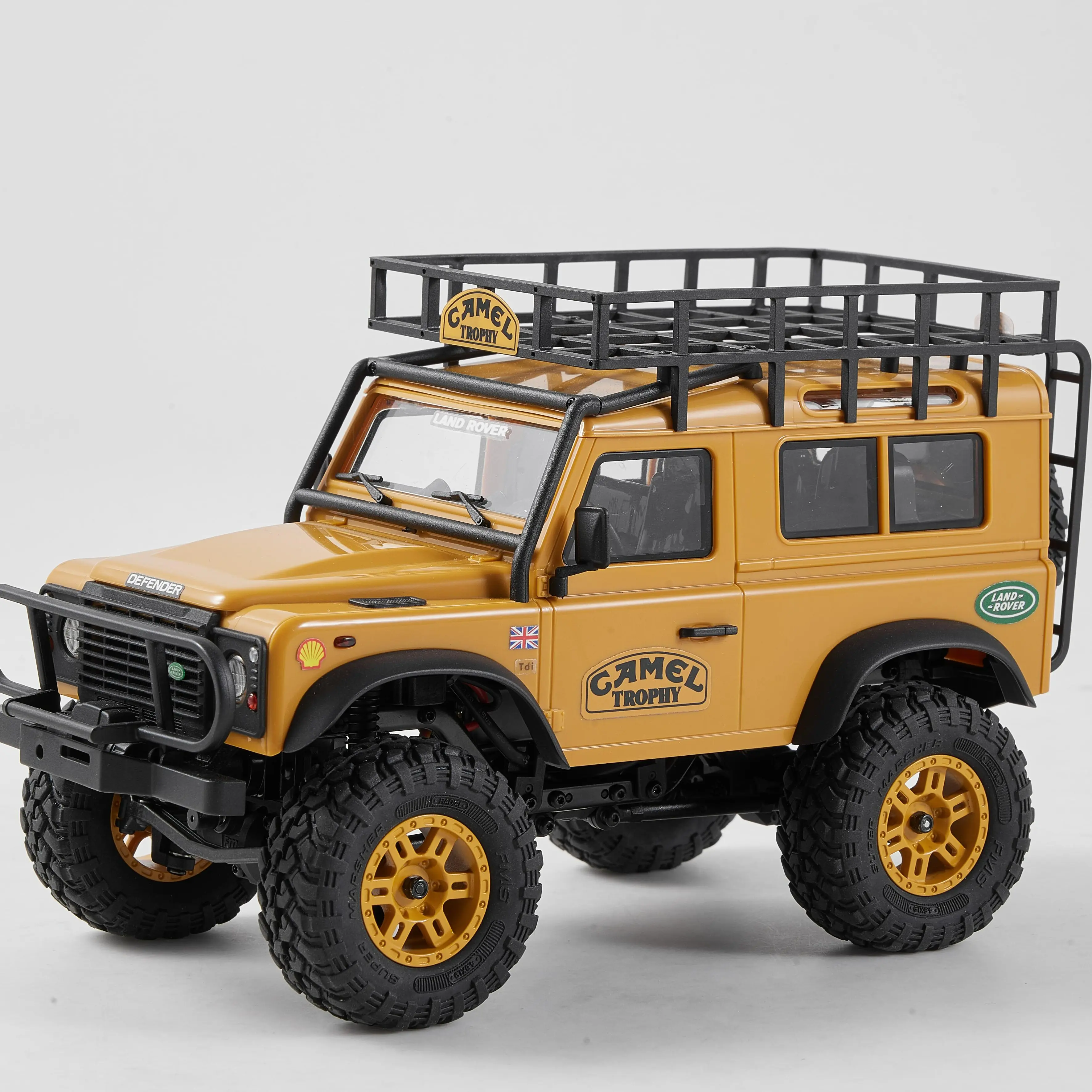 FMS 1:24 FCX24M Land Rover Defender 90 RTR Yellow Wireless Controller Car - Land Rover Family, 2.4Ghz Off-Road RC Rock Crawler with Lighting Effects, Speed Switch, Accessory Packs, RC Cars for Adults, Wireless Controller Cars