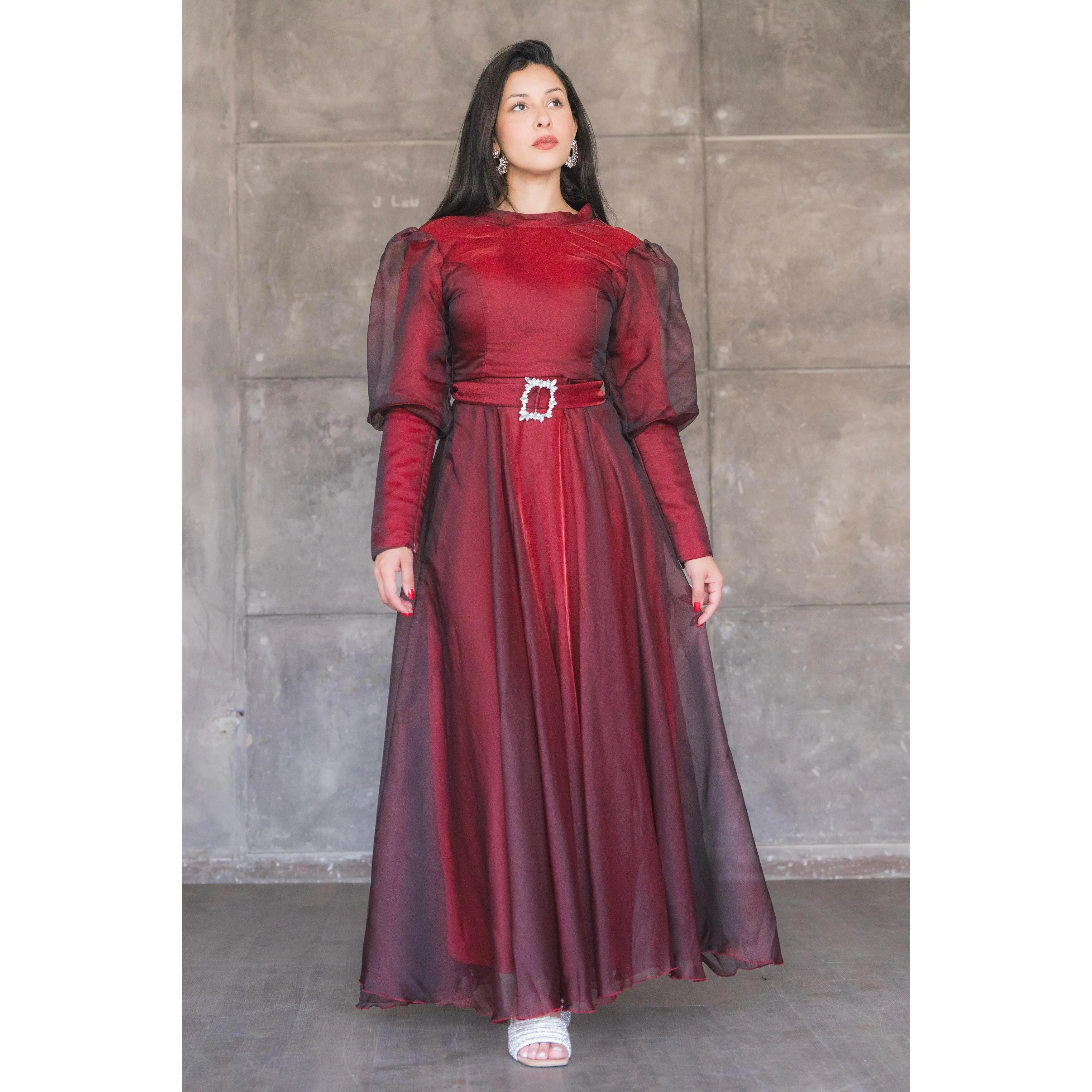 Organza Puff-Sleeve Evening Gown with Crystal Belt
