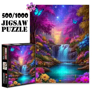 1pc 1000 piece adult puzzle 70x50cm Magical Waterfall in Enchanted Floral Forest with Butterflies 500 pieces of paper jigsaw puzzle, suitable for adults and families, large-scale DIY puzzle interacti