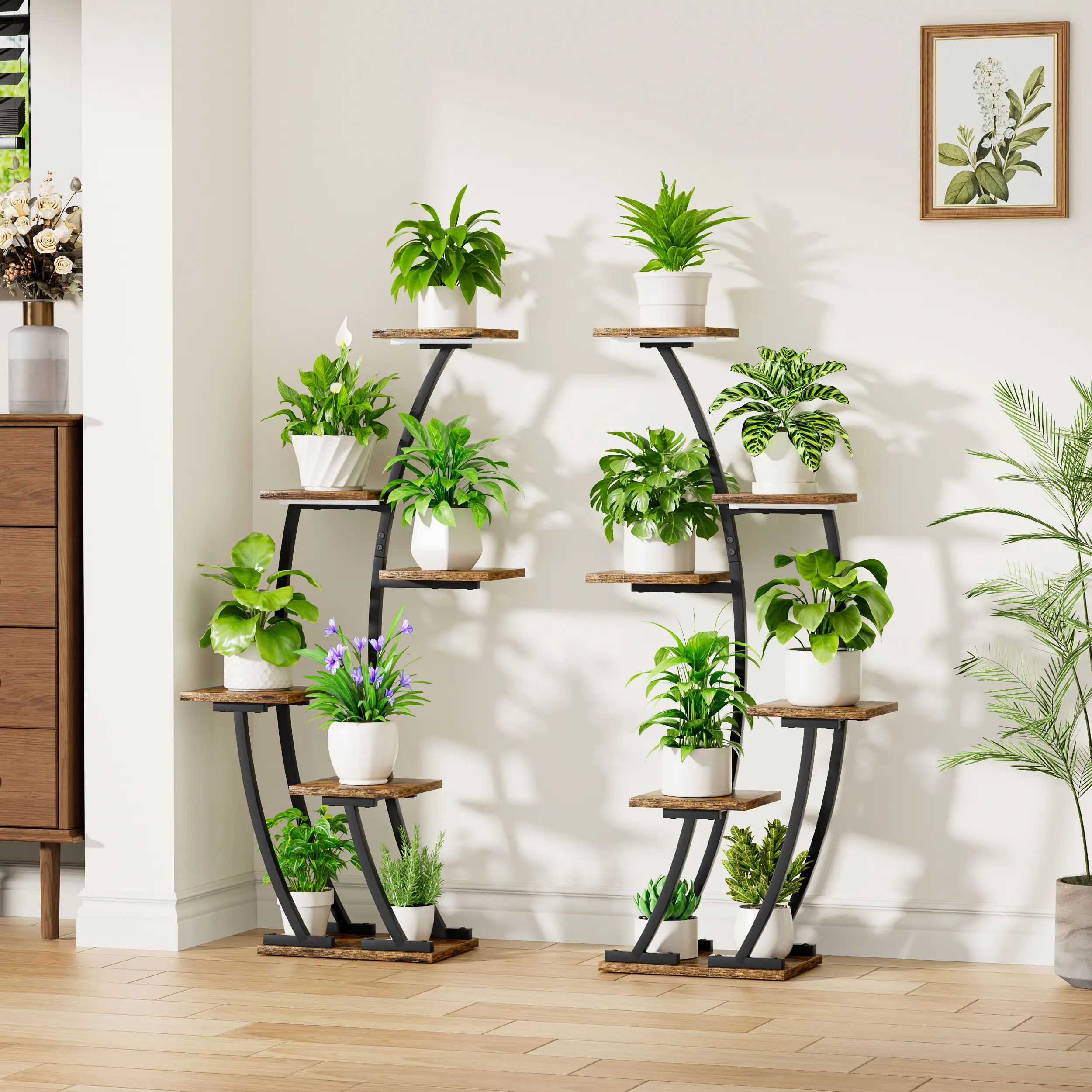 POZILAN Plant Stand Indoor with Grow Lights, 2 Pack Half Moon Metal Plant Shelf, Multi-Tiered Curved Flower Rack Holder for Living Room, Home Decor