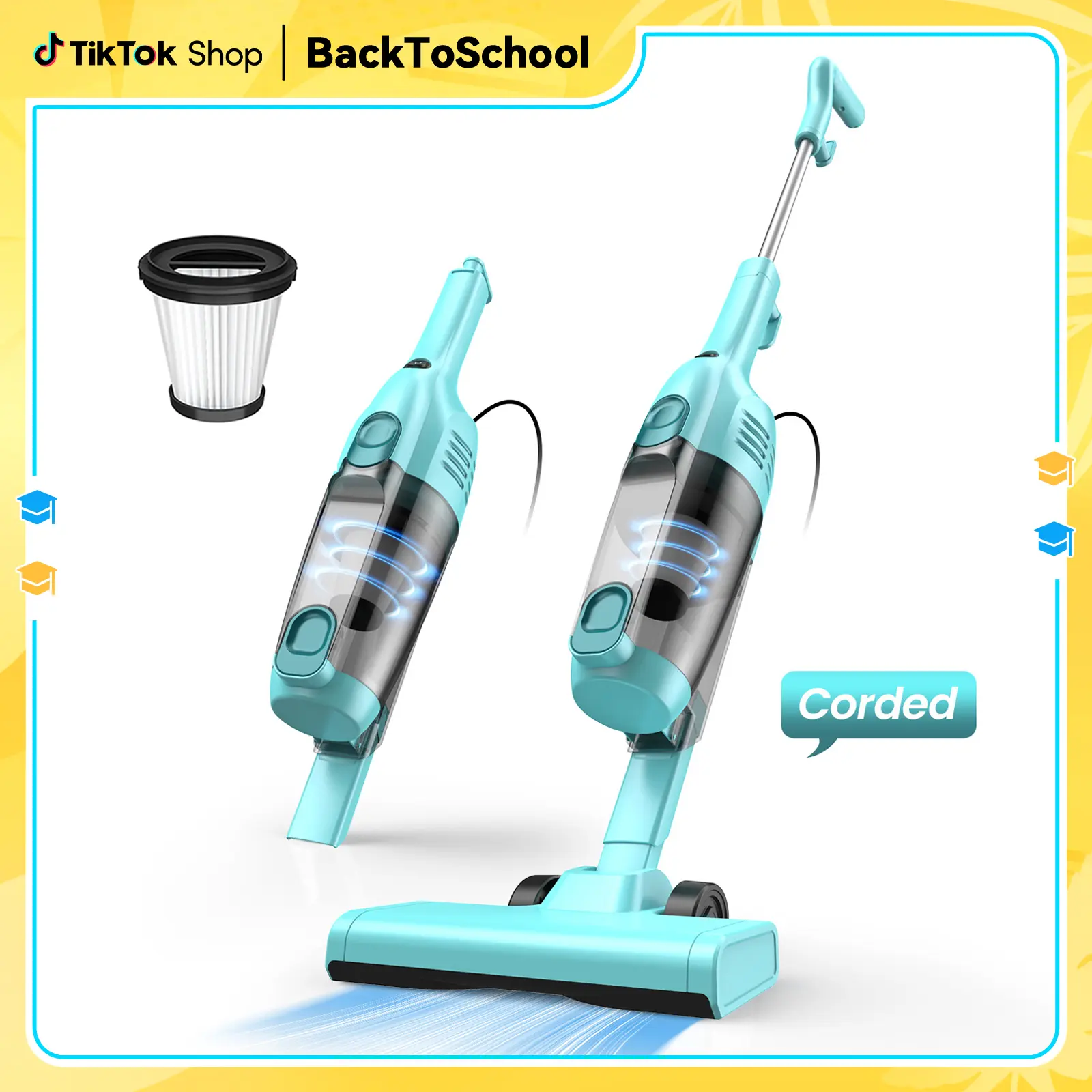 INSE R6X Aspiradora Escoba con Cable 600W 15KPa, Ultraligera sin Bolsa, 3 en 1 de Mano para Hogar, Alfombra, Suelo Duro, Pelo de Mascotas y Coche Amarillo Upright Vacuums pet lovers tiktokshopbacktoschool