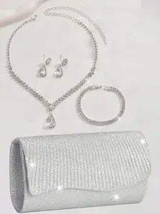 Elegant Sparkling Dazzling Shimmering Solid Color Ladies' Evening Bag with Shoulder Chain, Party Ladies' Matching Bag Set: Clutch Bag, Rhinestone Earrings, Necklace & Bracelet, Set of 4, Polished Look