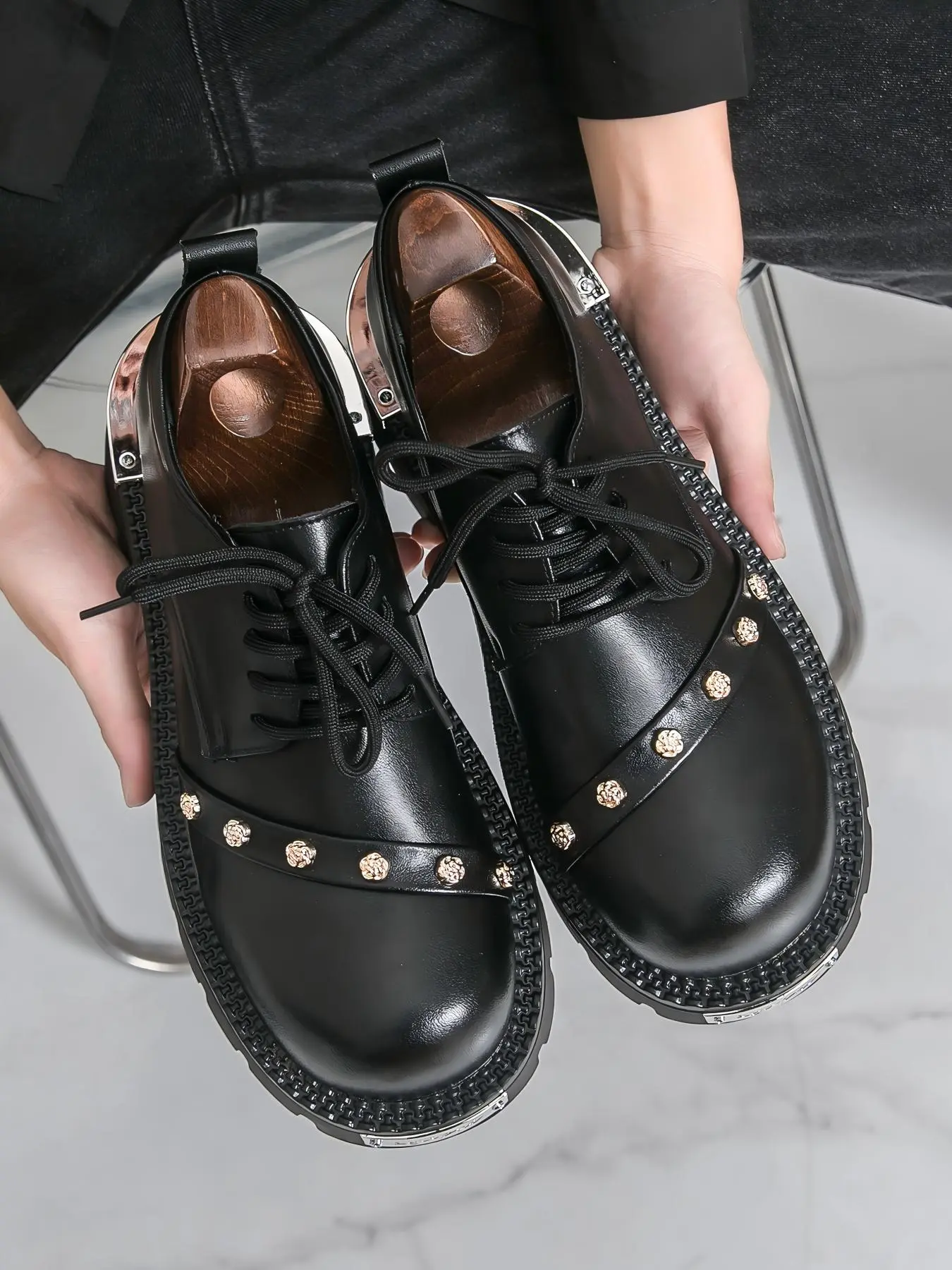 Men's New Chunky Thick Sole Rubber Casual Closed Derby Shoes, Unique Design, Height Increasing, Anti-Slip Wear-Resistant Fashion Sneakers Walking Shoes PU Leather Footwear