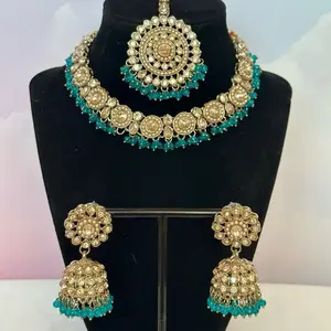 Bollywood Single Line Necklace Set with Jhumka and Tikka with Intricate Design