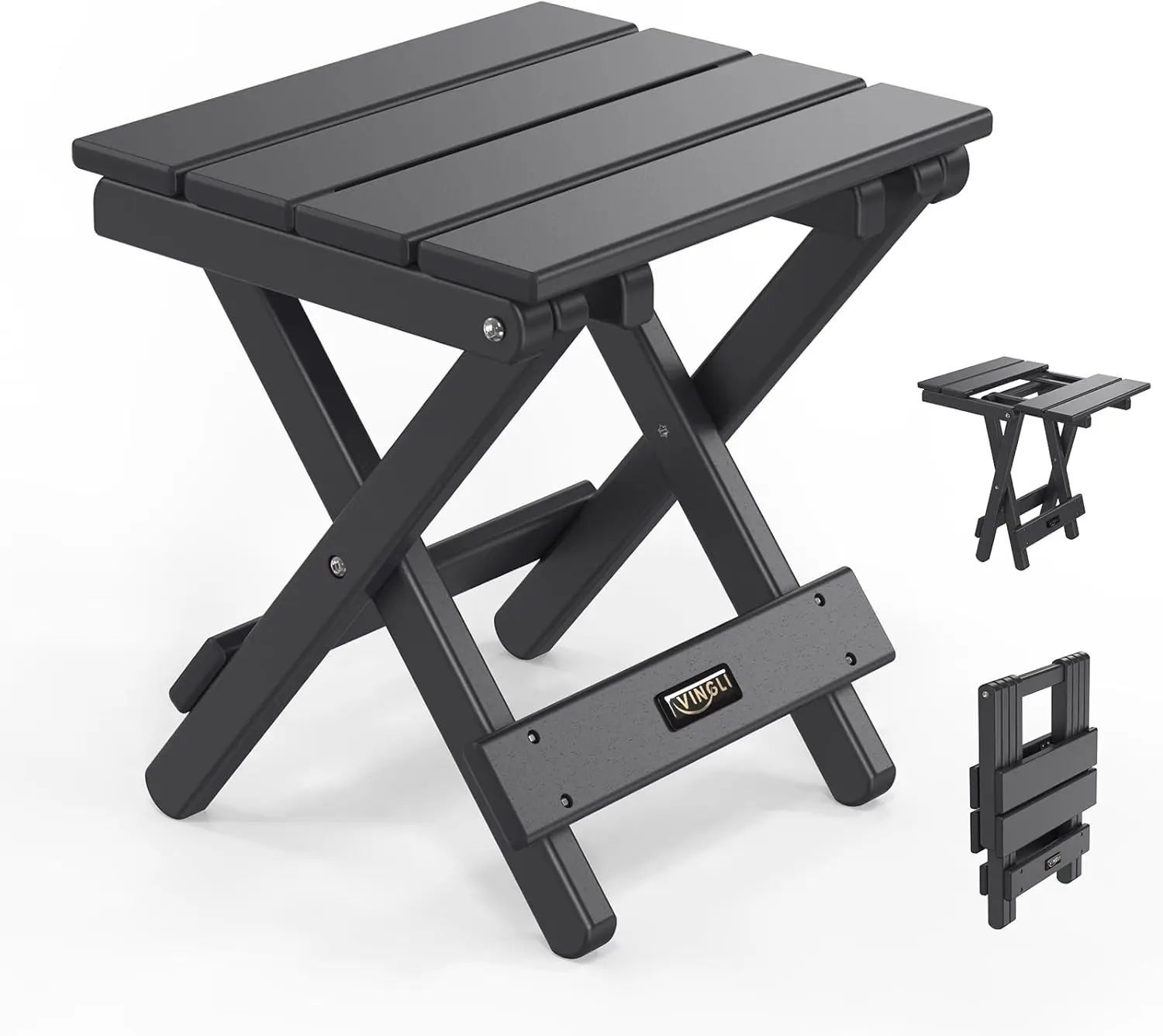 VINGLI Small HDPE Folding Side Table, Plastic Waterproof Portable Adirondack Coffee End Tables, All Weather for Patio, Backyard, Pool, Indoor Use, Slats Style, Black