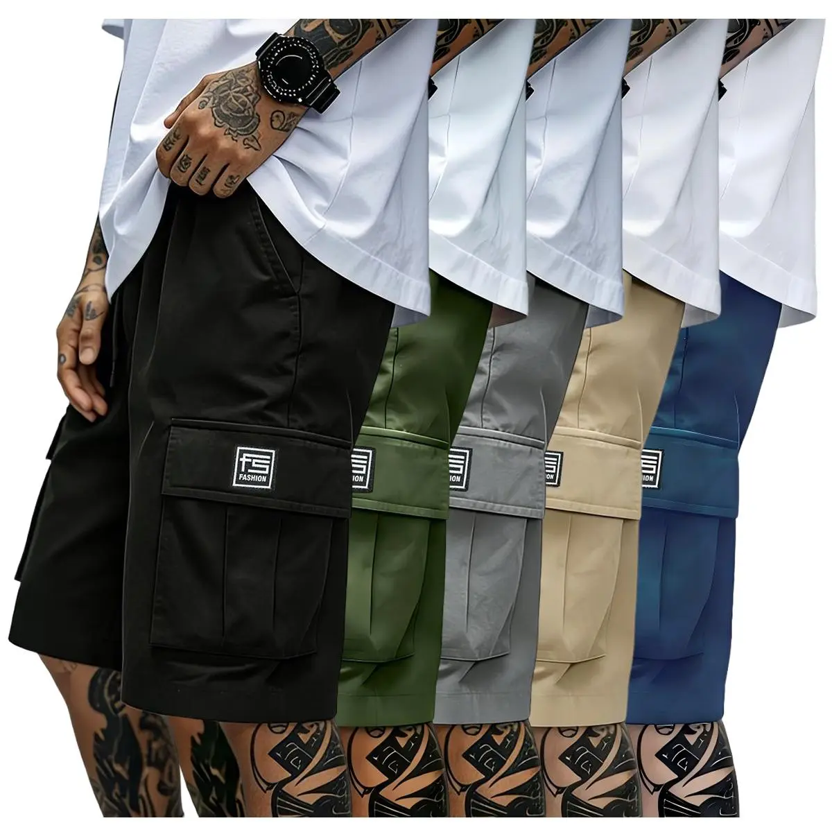 T-OOTD Pick 5-Pack Men’s Cargo Shorts, Stretch Fabric, 4 Pockets, Washable, Summer Daily Vacation Wear — Label: FASHION