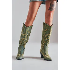 AZALEA WANG HEINRICH DENIM WESTERN LOW HEEL BOOT
