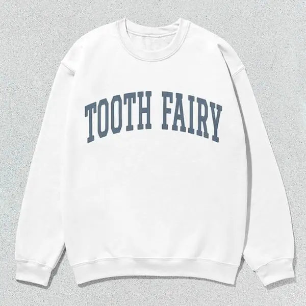 Men's Grey Preppy Collegiate Crew Neck Tooth Fairy Sweatshirt - Long Sleeve Casual Pullover Top, Unisex Fit, Slogan Print, All-Season Wear